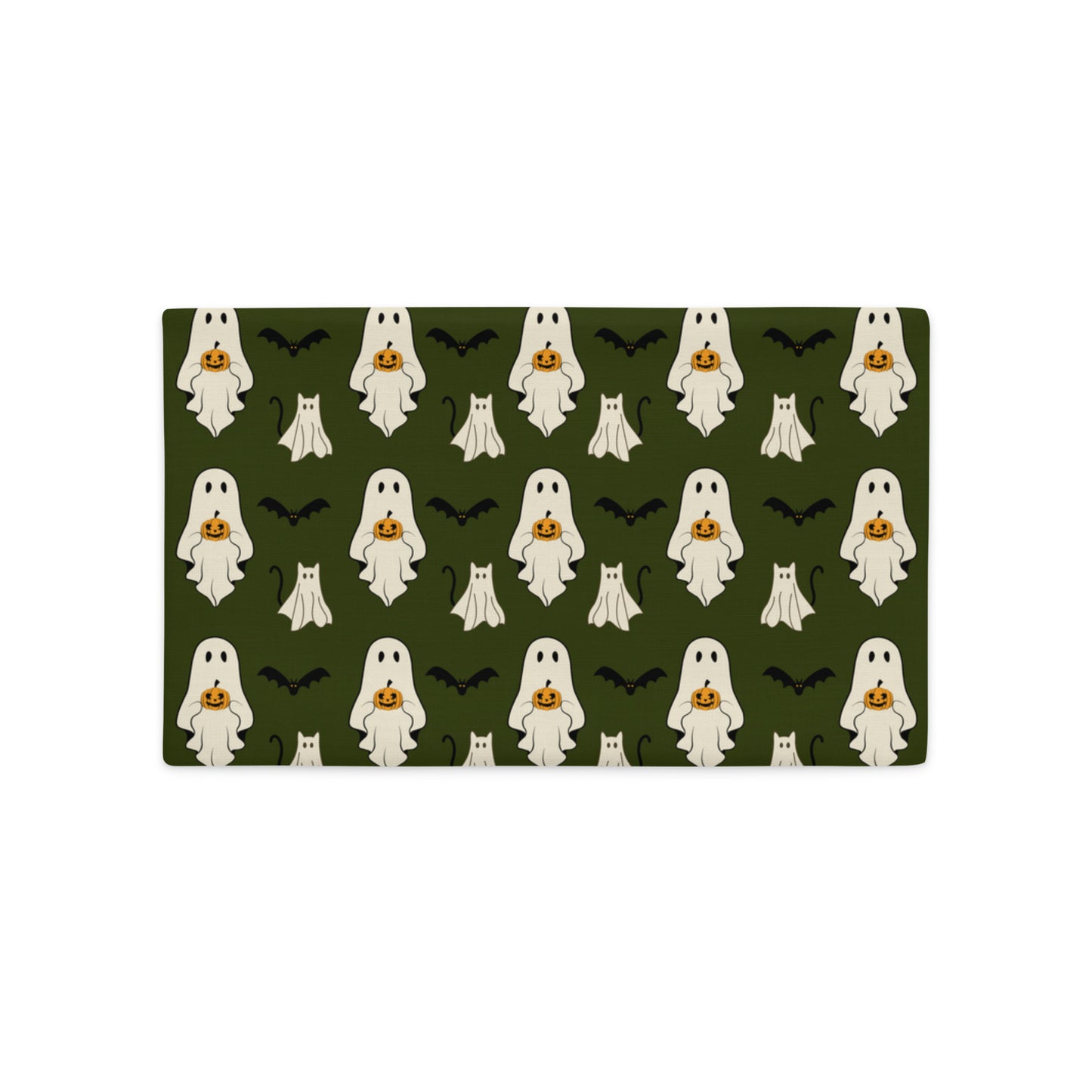 Halloween-themed lumbar pillow cover with ghosts and pumpkins on a green background
