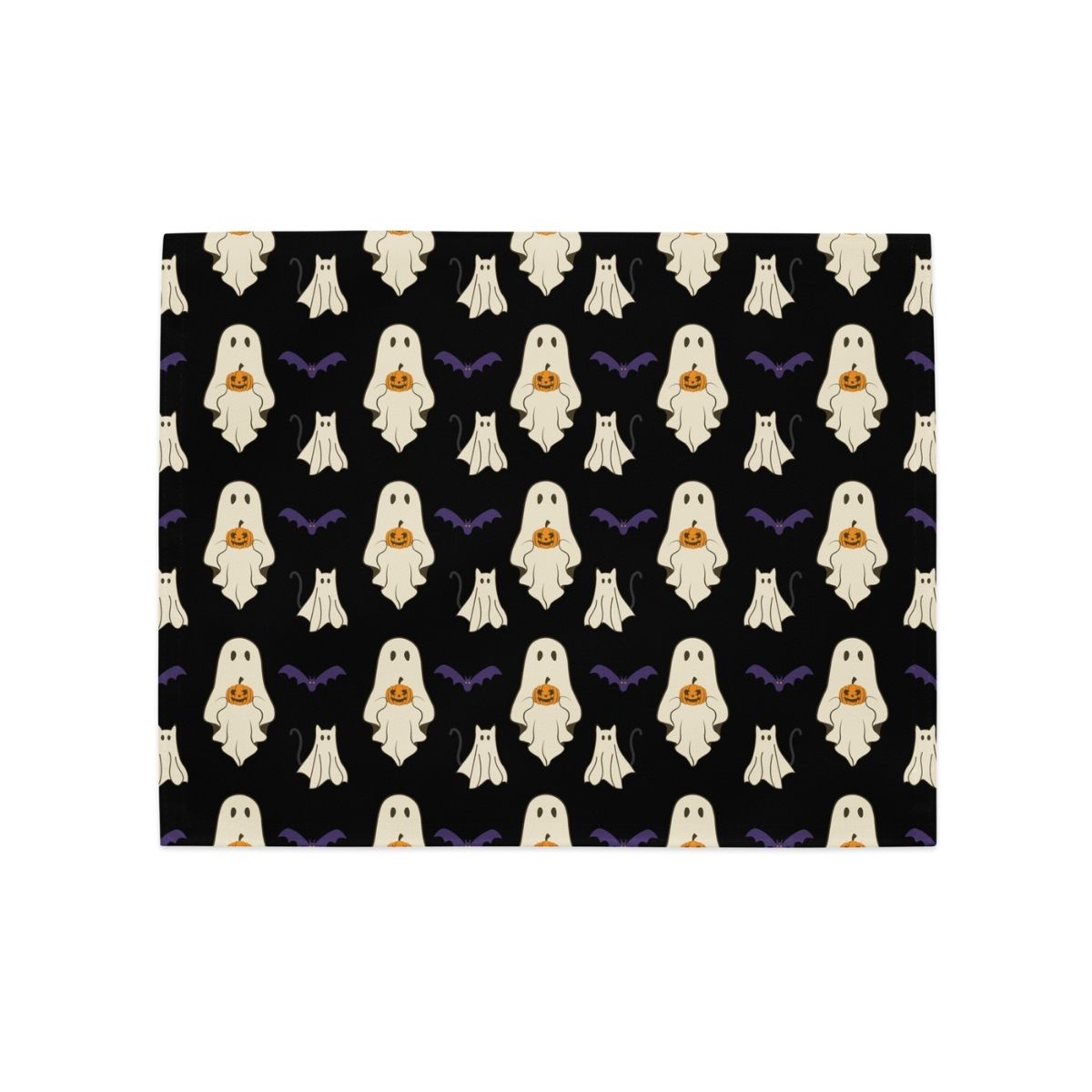 Pattern of ghosts with pumpkins and bats on a black background