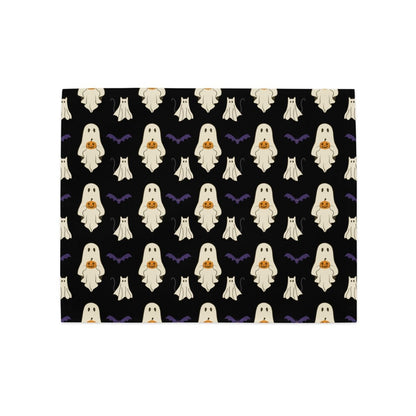 Pattern of ghosts with pumpkins and bats on a black background