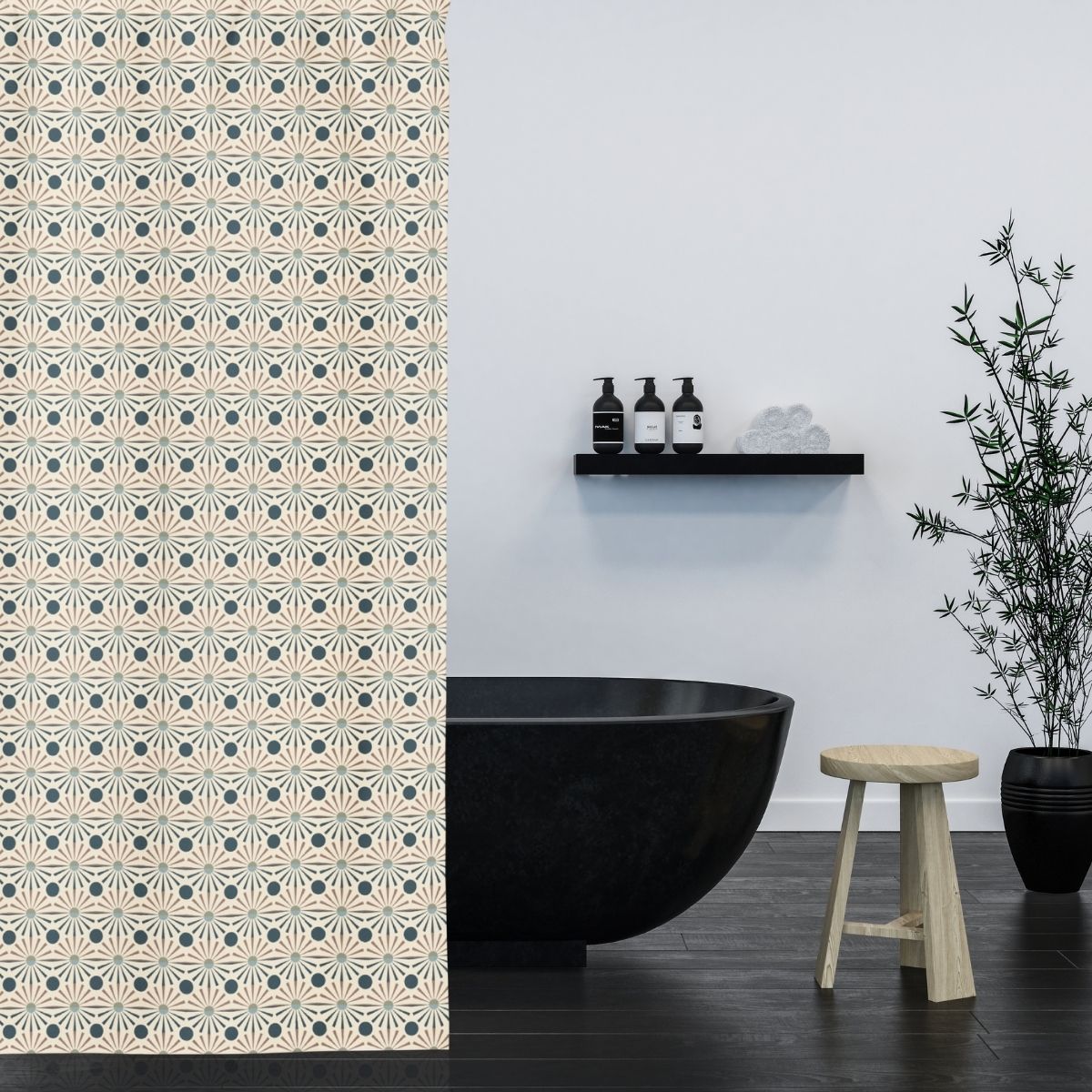 Bathroom with geometric patterned shower curtain, black freestanding bathtub, wooden stool, and decorative plant.