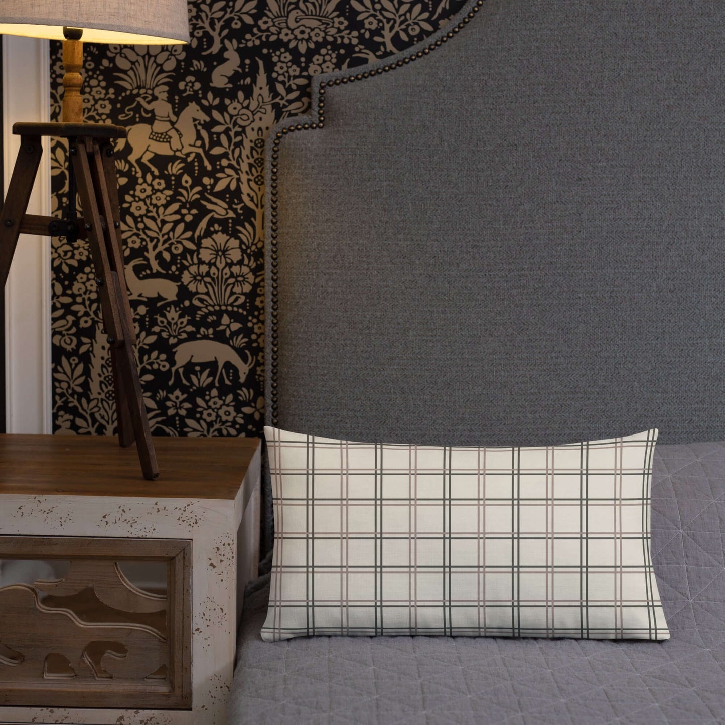The Wyatt modern plaid lumbar throw pillow for bed adds a subtle modern farmhouse vibe to the bedroom