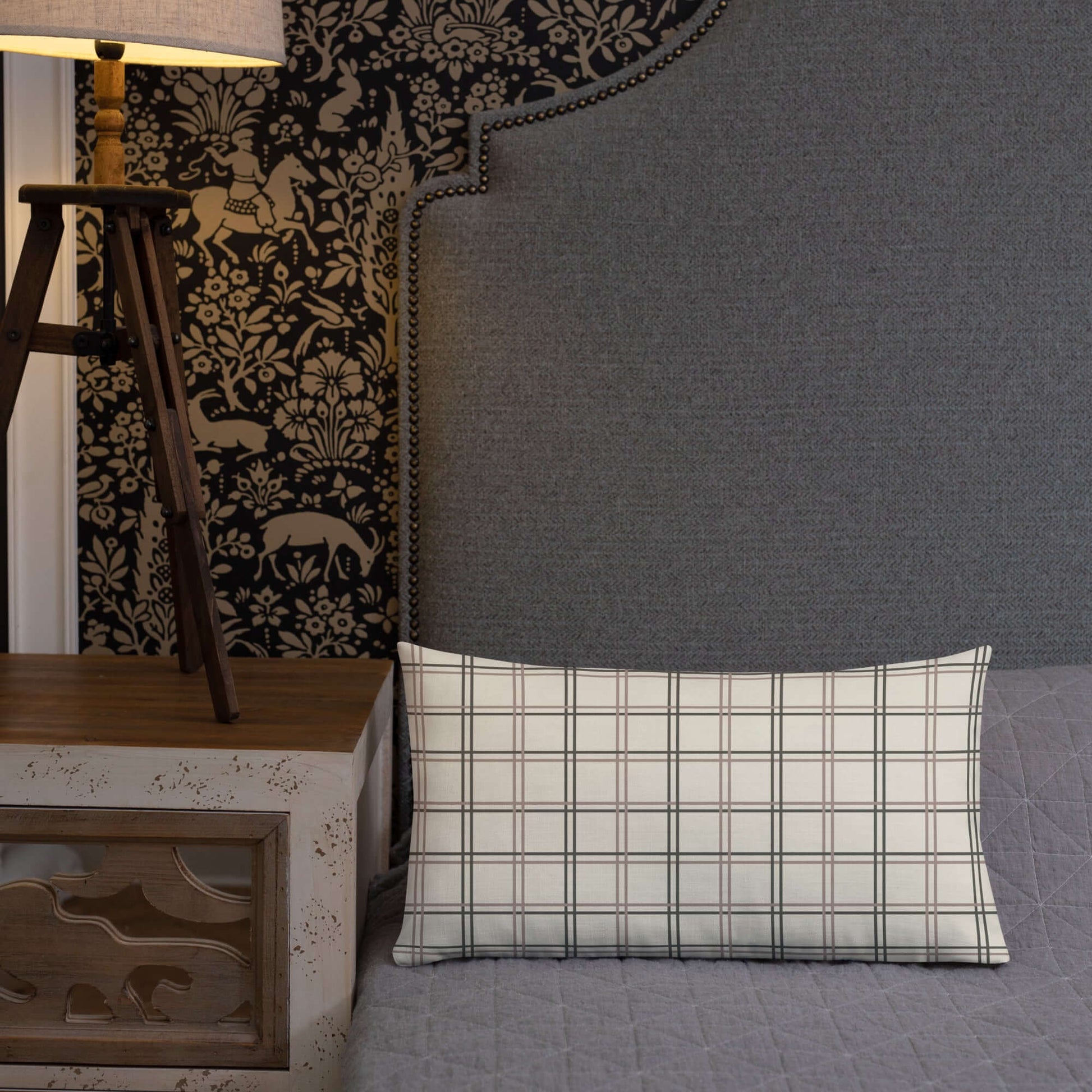 The Wyatt modern plaid lumbar throw pillow for bed adds a subtle modern farmhouse vibe to the bedroom