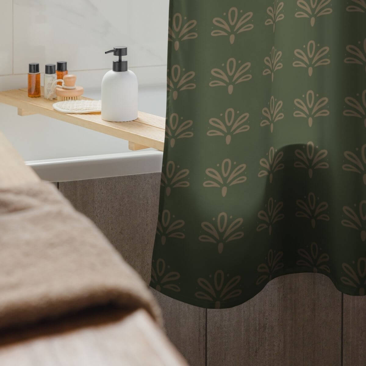 Bathroom with a green shower curtain featuring a floral pattern, wooden shelf with toiletries, and beige towel.