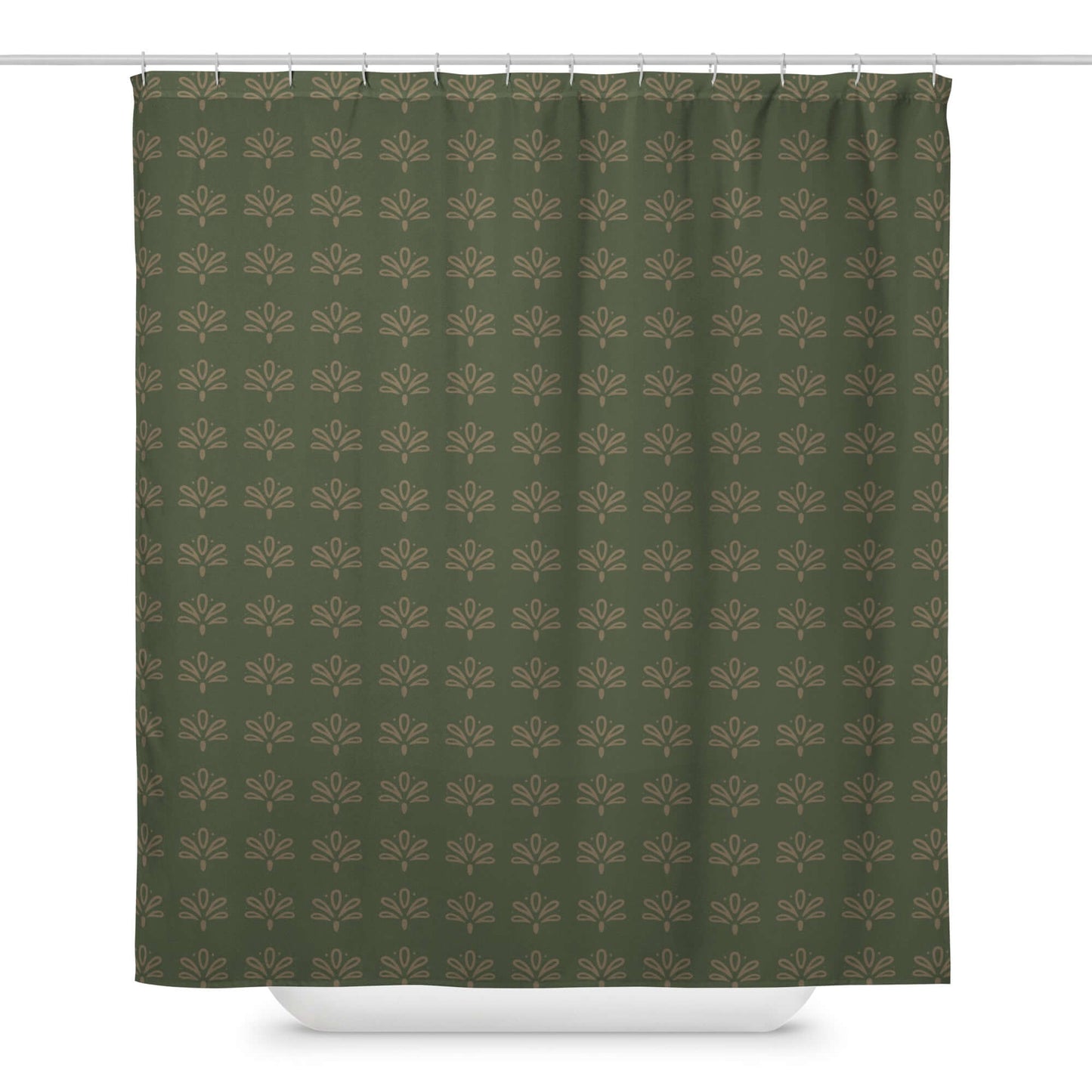 Earthy vintage green floral fabric shower curtain on shower rod.