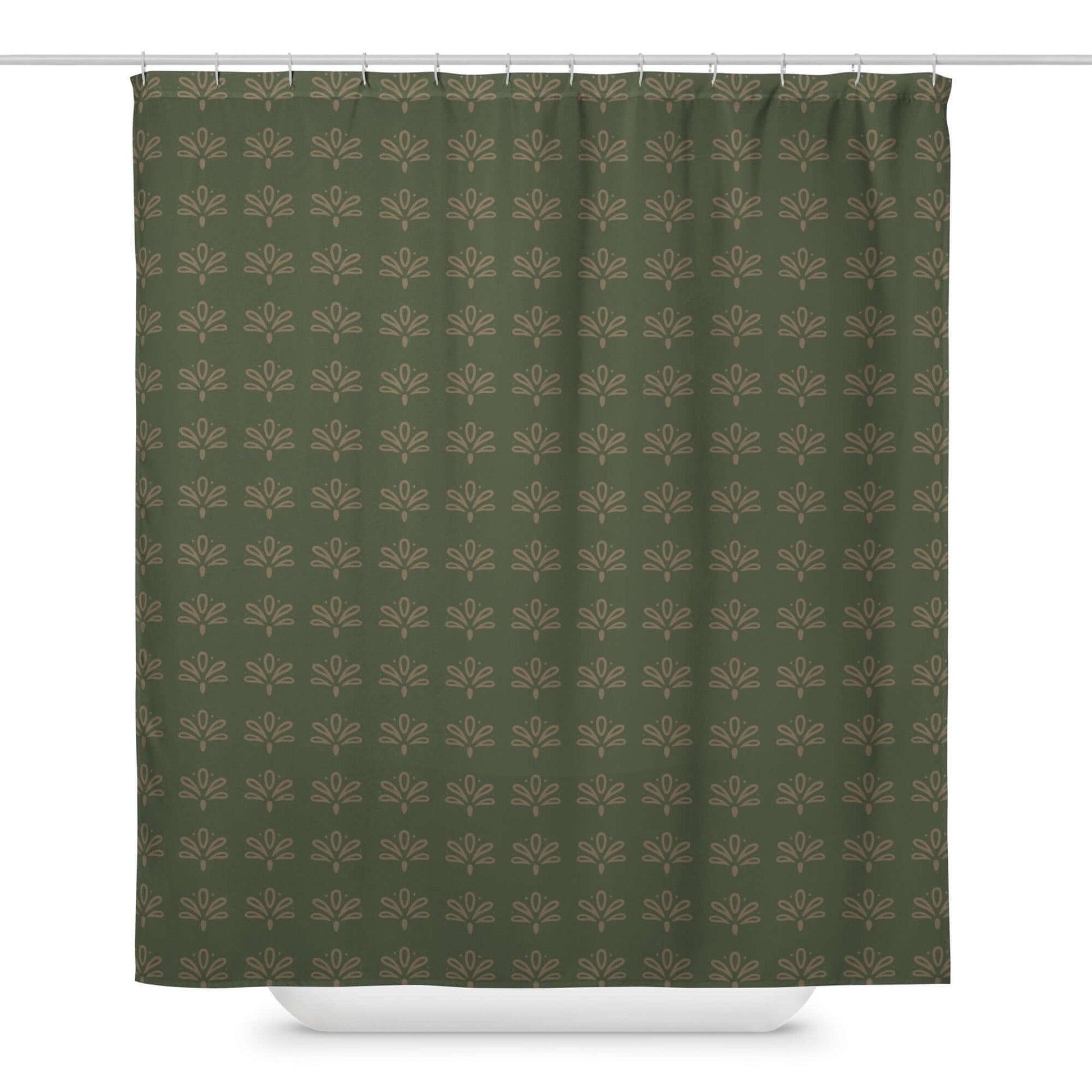 Earthy vintage green floral fabric shower curtain on shower rod.