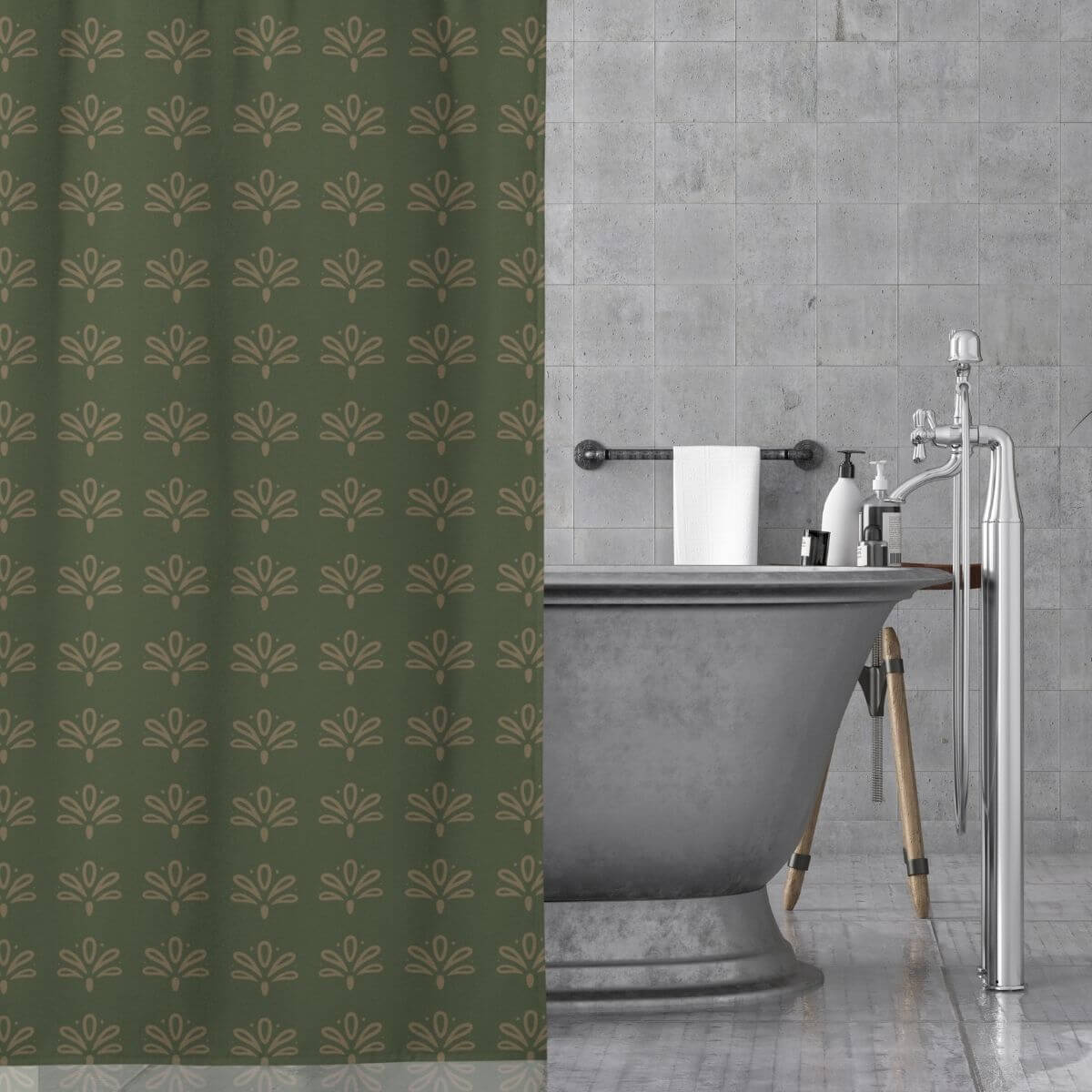 Bathroom with a green floral-patterned shower curtain and a freestanding bathtub.