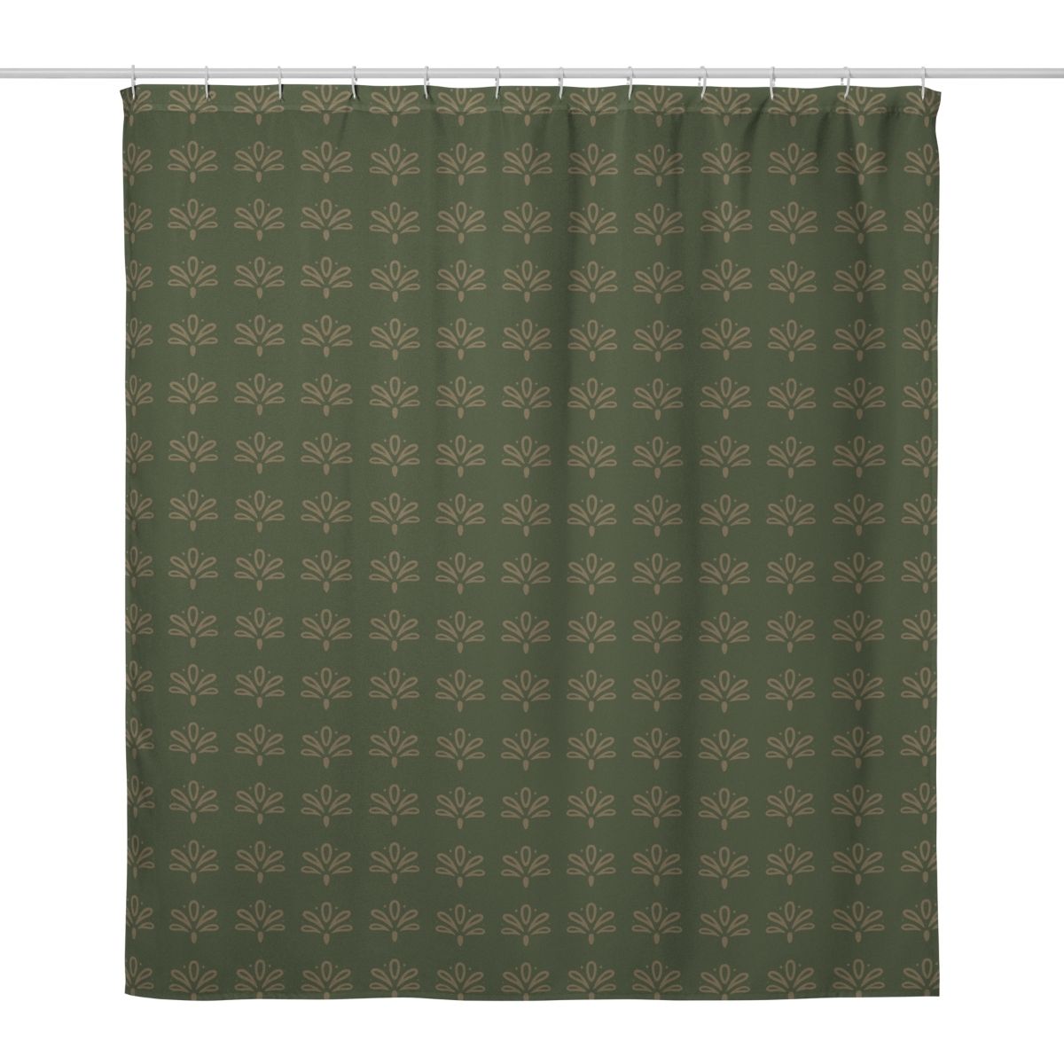 Green shower curtain with a subtle floral pattern on a white background