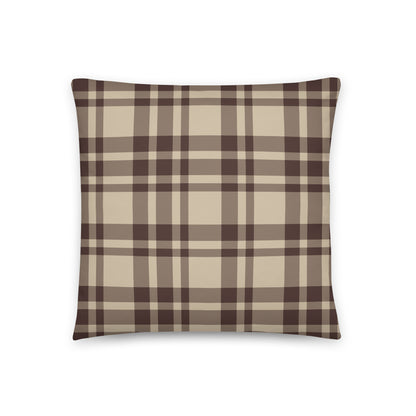 The Atticus throw pillow is shown from the back side which features a classic plaid design in chocolate brown and beige.