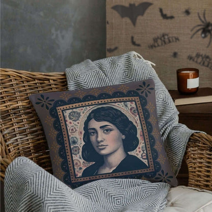 Beatrice Halloween tarot card decorative pillow on a chair with halloween inspired wall art in the background