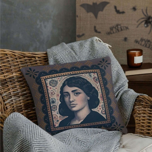Beatrice Halloween tarot card decorative pillow on a chair with halloween inspired wall art in the background