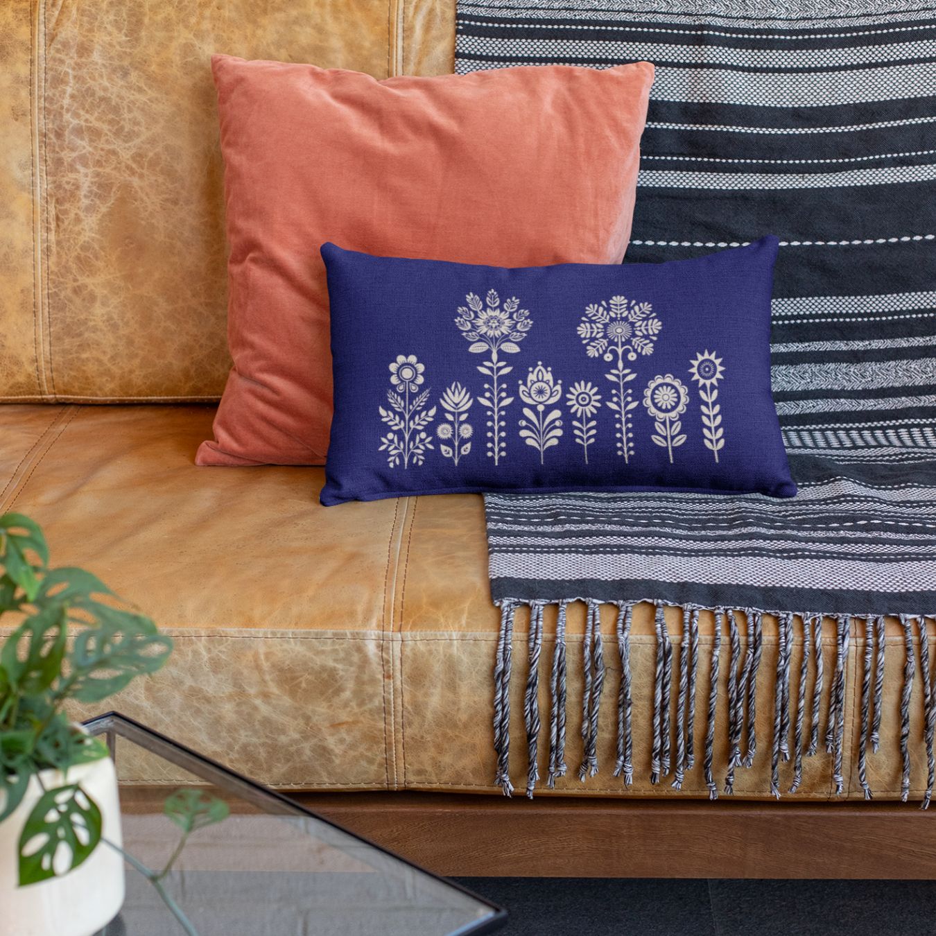 Cute little lumbar pillow with floral design in indigo and beige for home decot