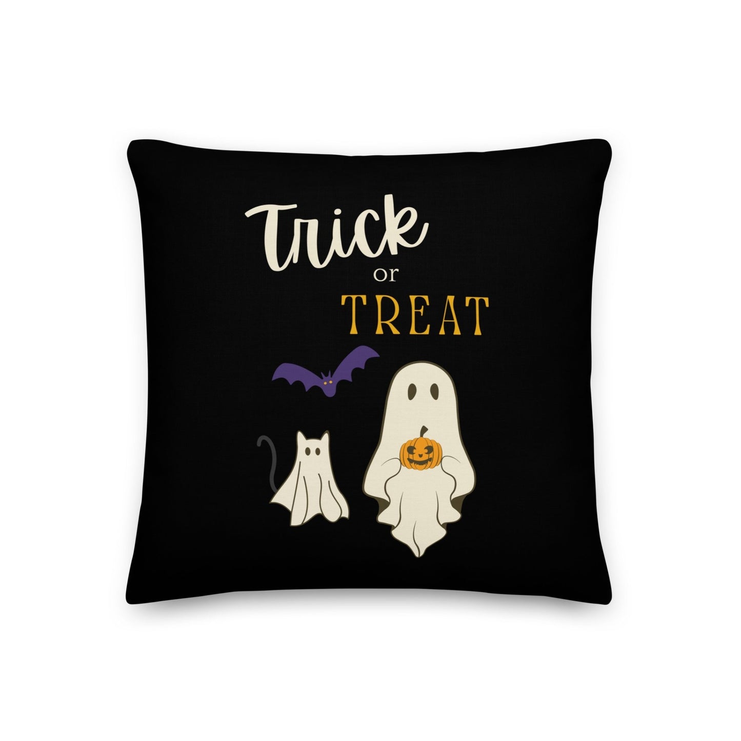 Black pillow with Halloween-themed design featuring ghosts, a bat, and 'Trick or Treat' text.