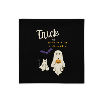Halloween-themed design with ghosts and a bat on a black background