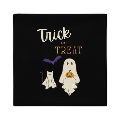 Halloween-themed design with 'Trick or Treat' text, ghosts, and a bat on a black background.