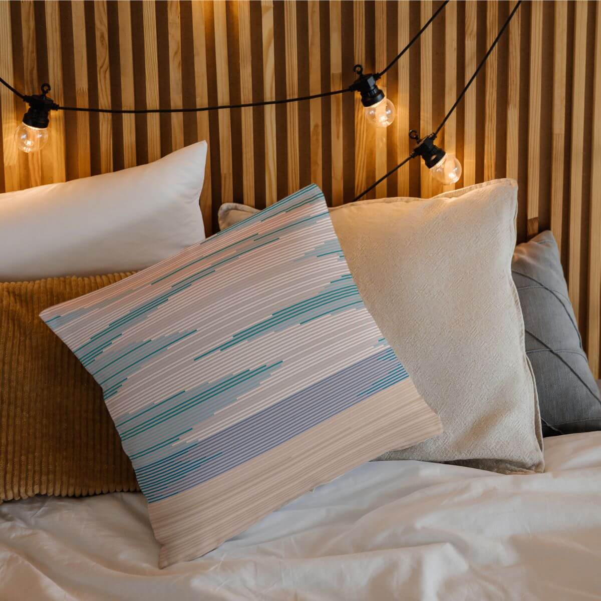 Add beachy vibes to your home decor with the Delja throw pillow featuring a modern sunset view from the beach.