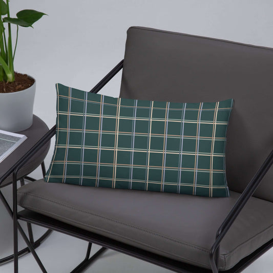 The Glen decorative lumbar throw pillow adds whimsy to a living room with its pastel plaid pattern.