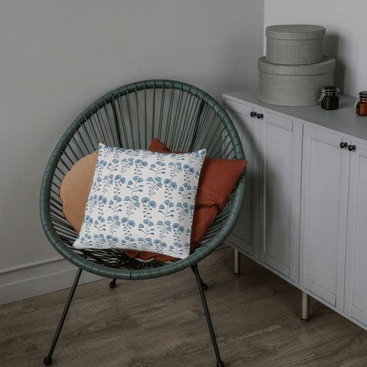 The Kylie pillow is a beautiful floral pillow in white with blue flowers. This pillow looks great in modern settings too.