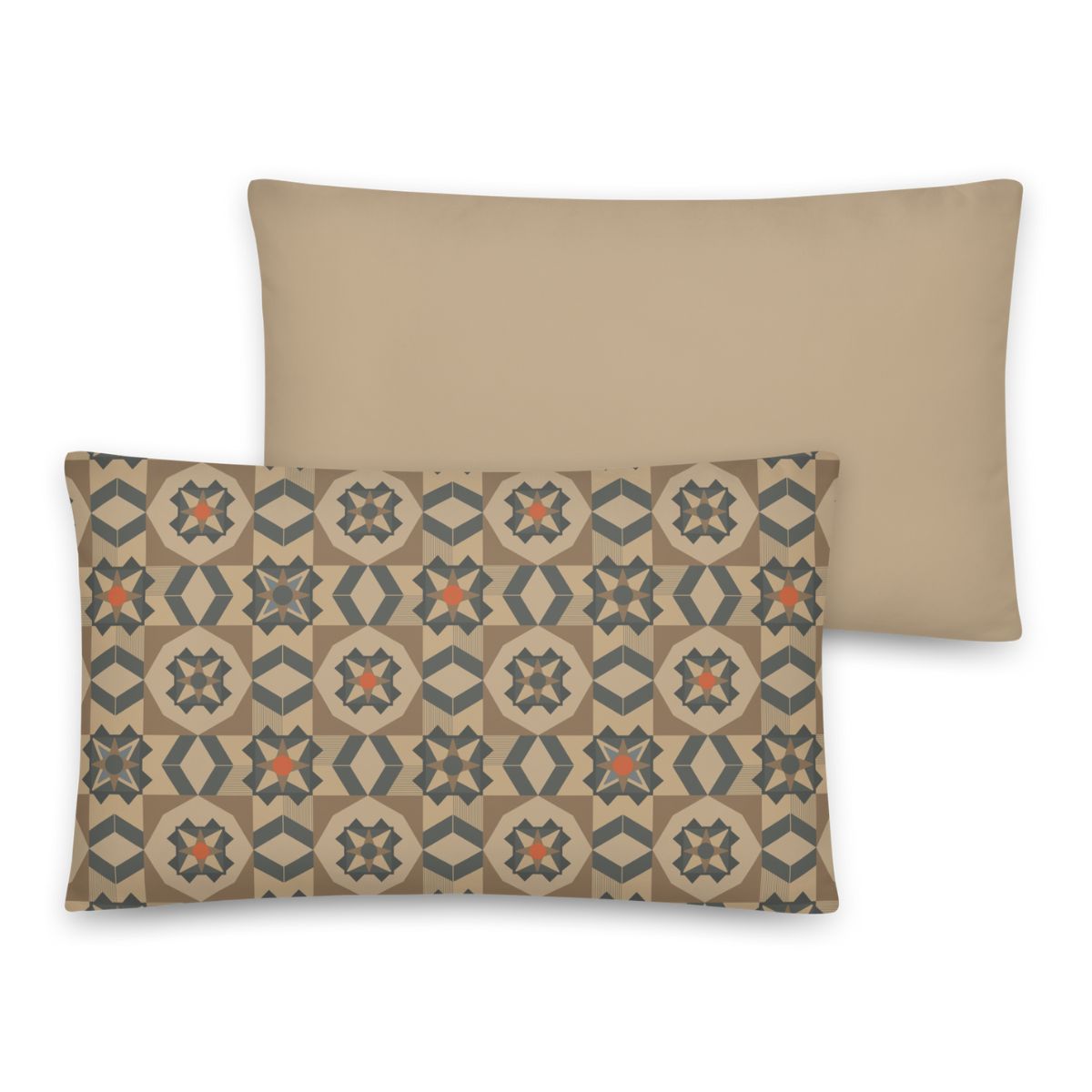 Two pillows, one with a geometric pattern and one solid color, on a white background.
