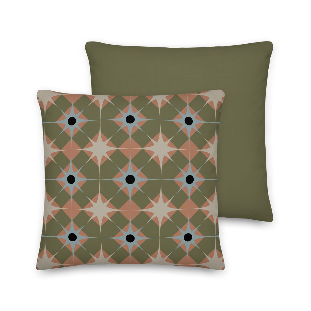Two pillows, one with a geometric pattern and one a solid green color, on a white background