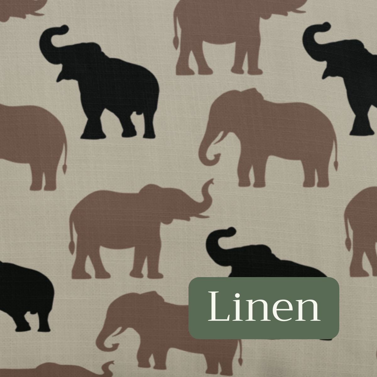 Pattern of elephants on a throw pillow, linen fabric swatch with a label indicating 'Linen'.