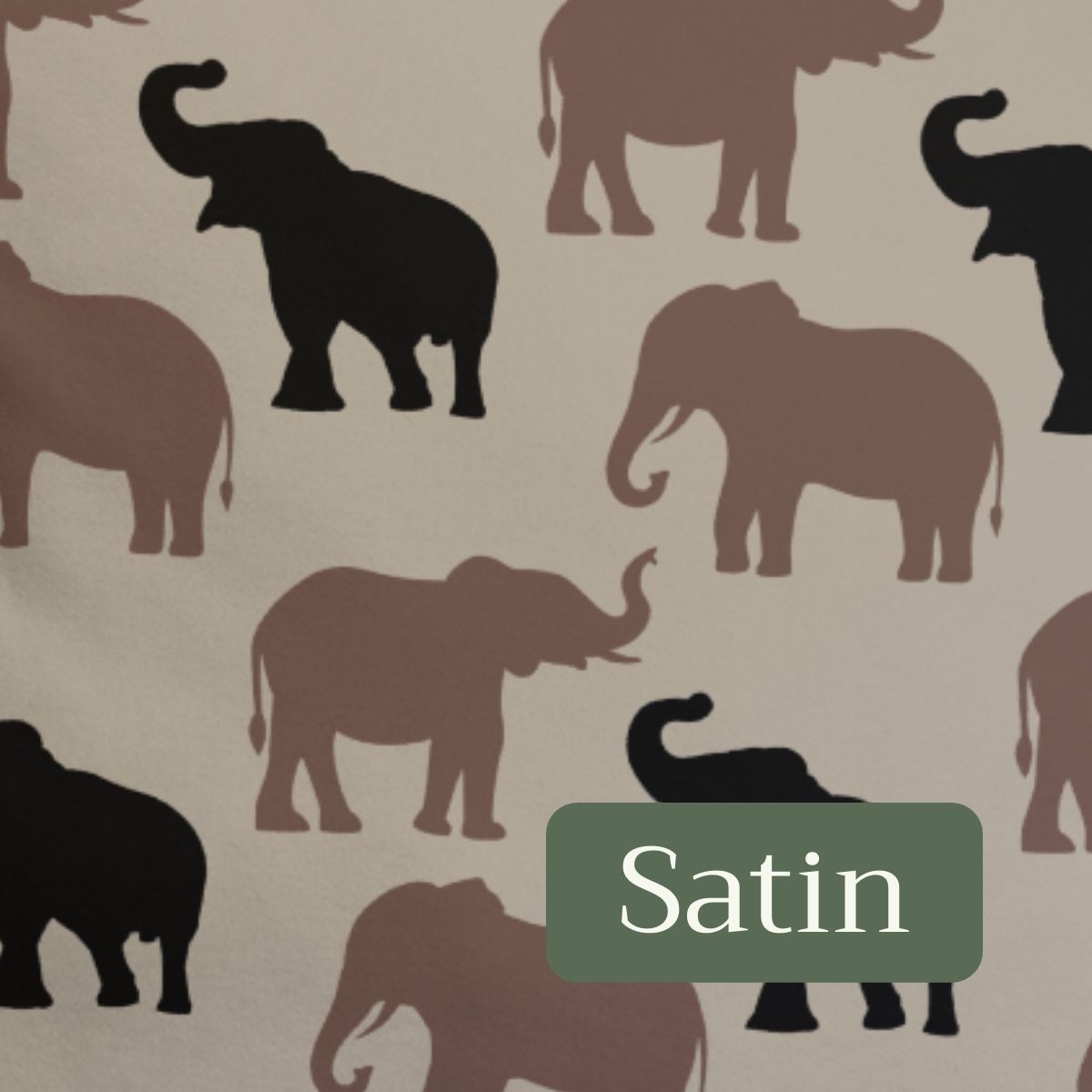 Pattern of black and brown elephants on a beige background with 'Satin' label.