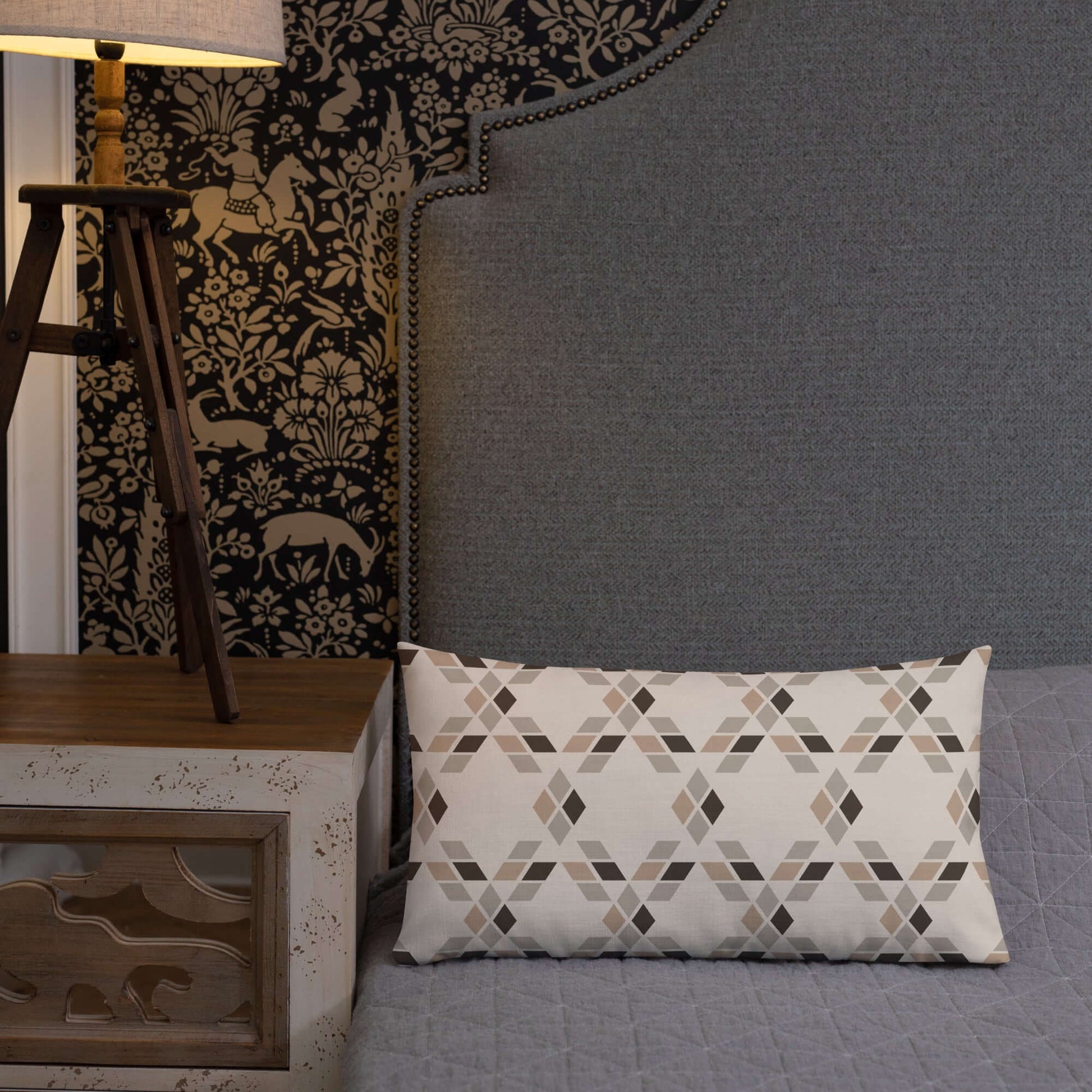The Saige lumbar throw pillow for bed adds a subtle rustic feel to the bedroom