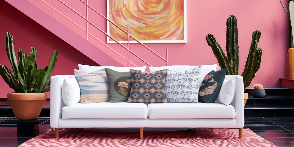 Five throw pillows on a couch in a brightly colored living room