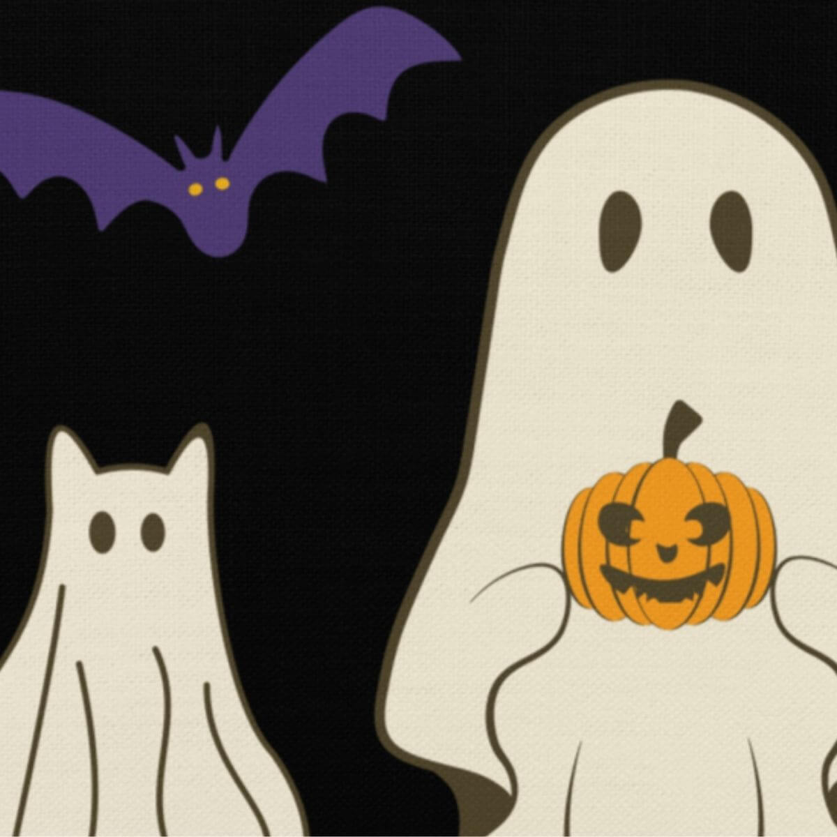 Cartoon ghosts with a pumpkin and a bat on a black background