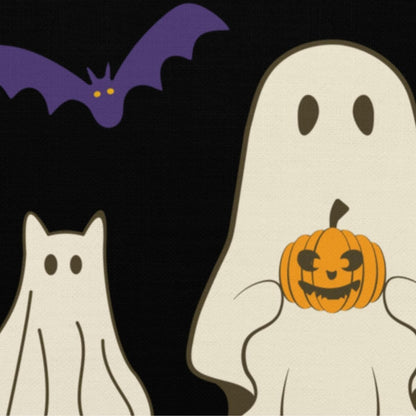 Cartoon ghosts with a pumpkin and a bat on a black background
